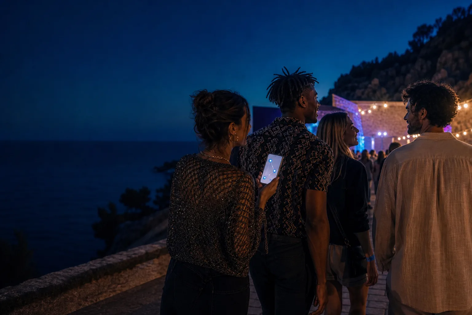Vier Freunde kommen gemeinsam zu einem Event am Meer, während eine Person ein Smartphone hält